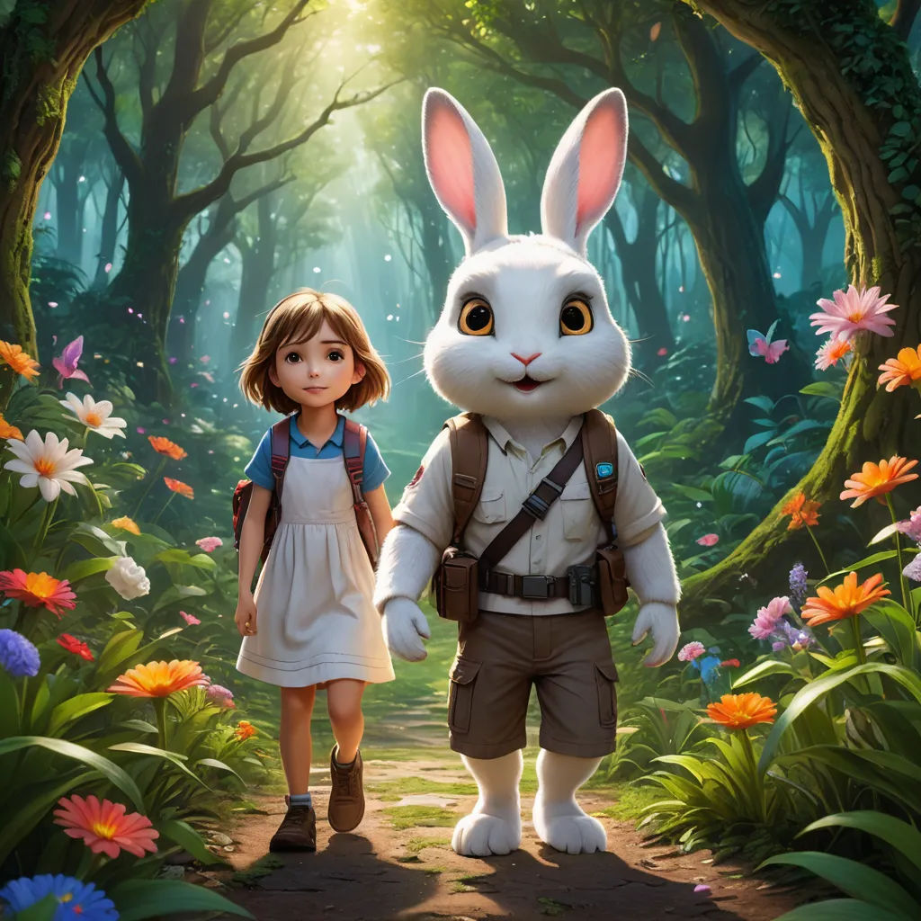 a girl and a boy are walking through a forest with a rabbit in the middle of the picture and a forest with flowers, furry art, poster art, Beatrix Potter, promotional image