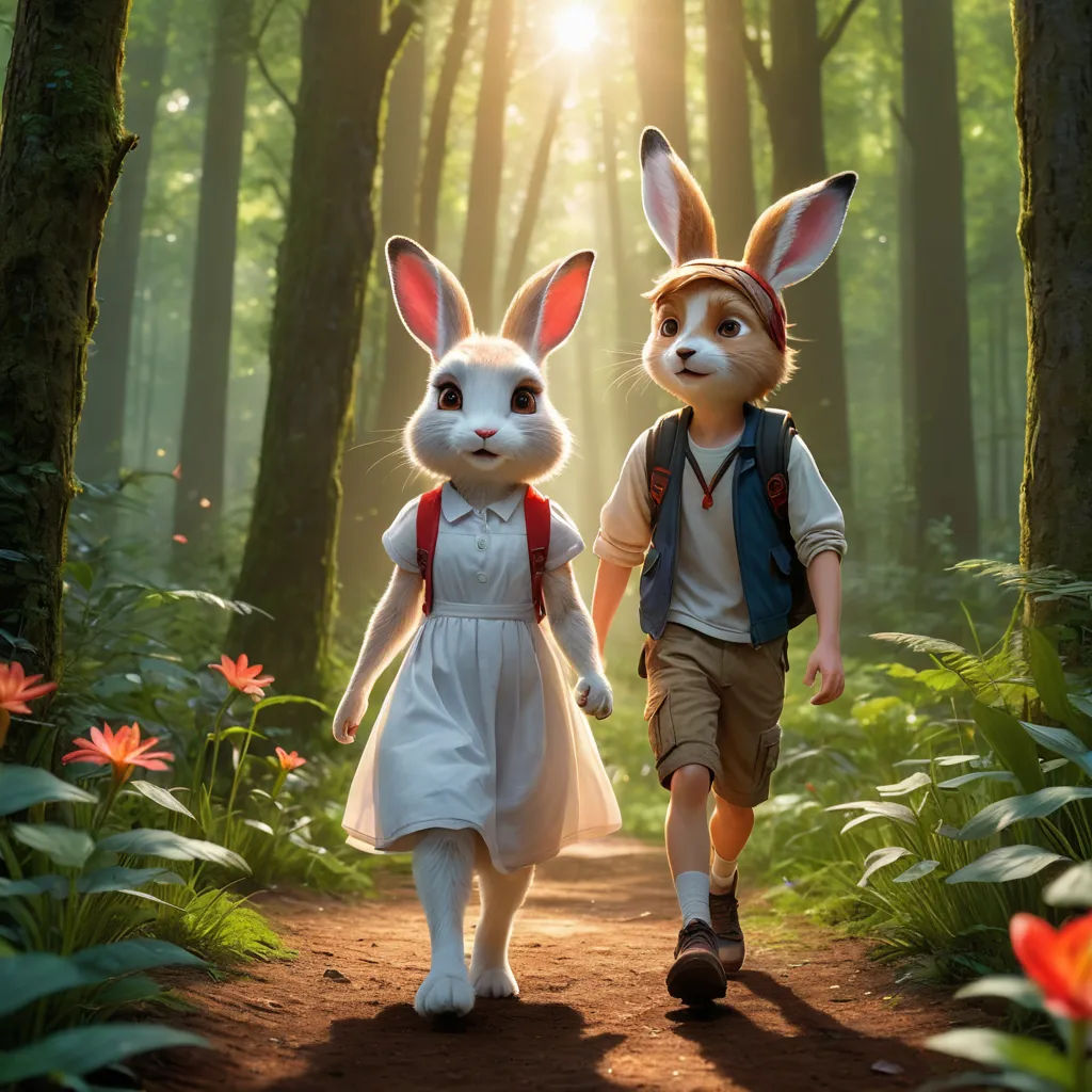 a couple of rabbits walking down a forest path together in the sunlit woods of a forest with flowers, furry art, a poster, Beatrix Potter, promotional image