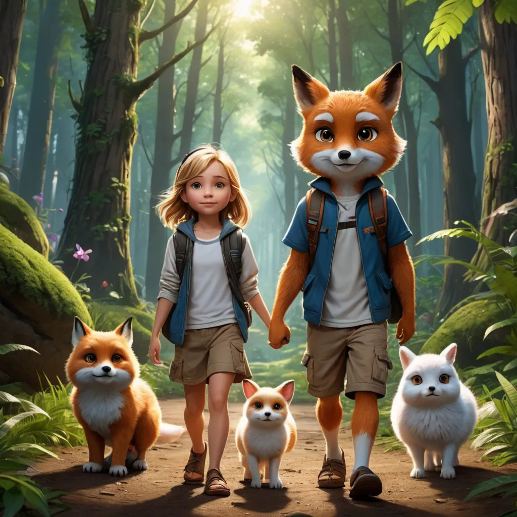 a little girl and a boy are walking with foxes in the woods together, holding hands and looking at the camera, furry art, poster art, Cliff Childs, promotional image
