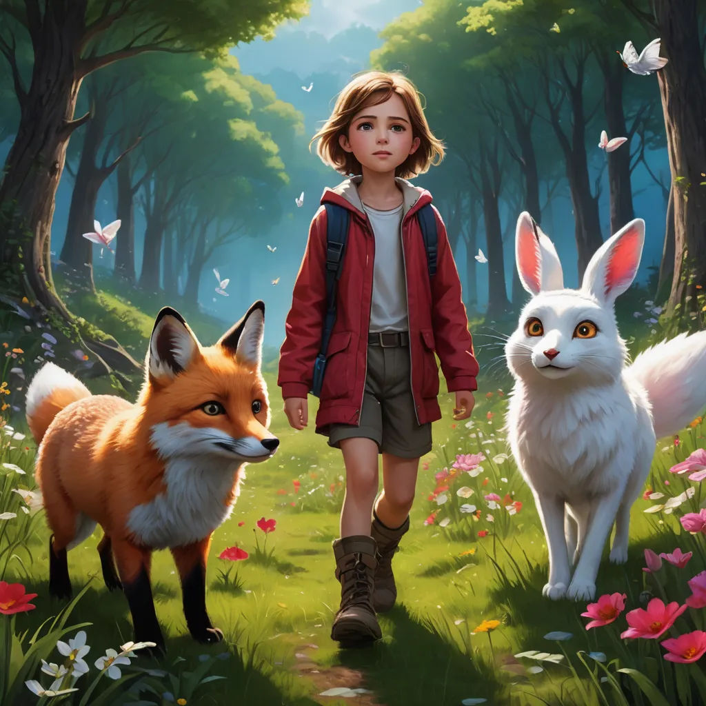 a painting of a boy and two foxes in a forest with butterflies and flowers on the ground and a butterfly flying above, furry art, a storybook illustration, Aaron Jasinski, key art