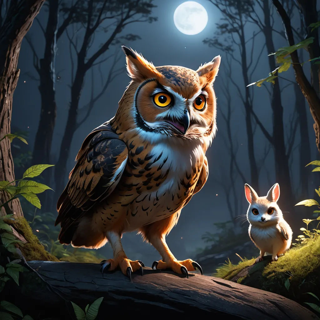 an owl and a rabbit are sitting in the woods at night with a full moon in the background and a full moon in the sky, fantasy art, a storybook illustration, Chris LaBrooy, rossdraws global illumination