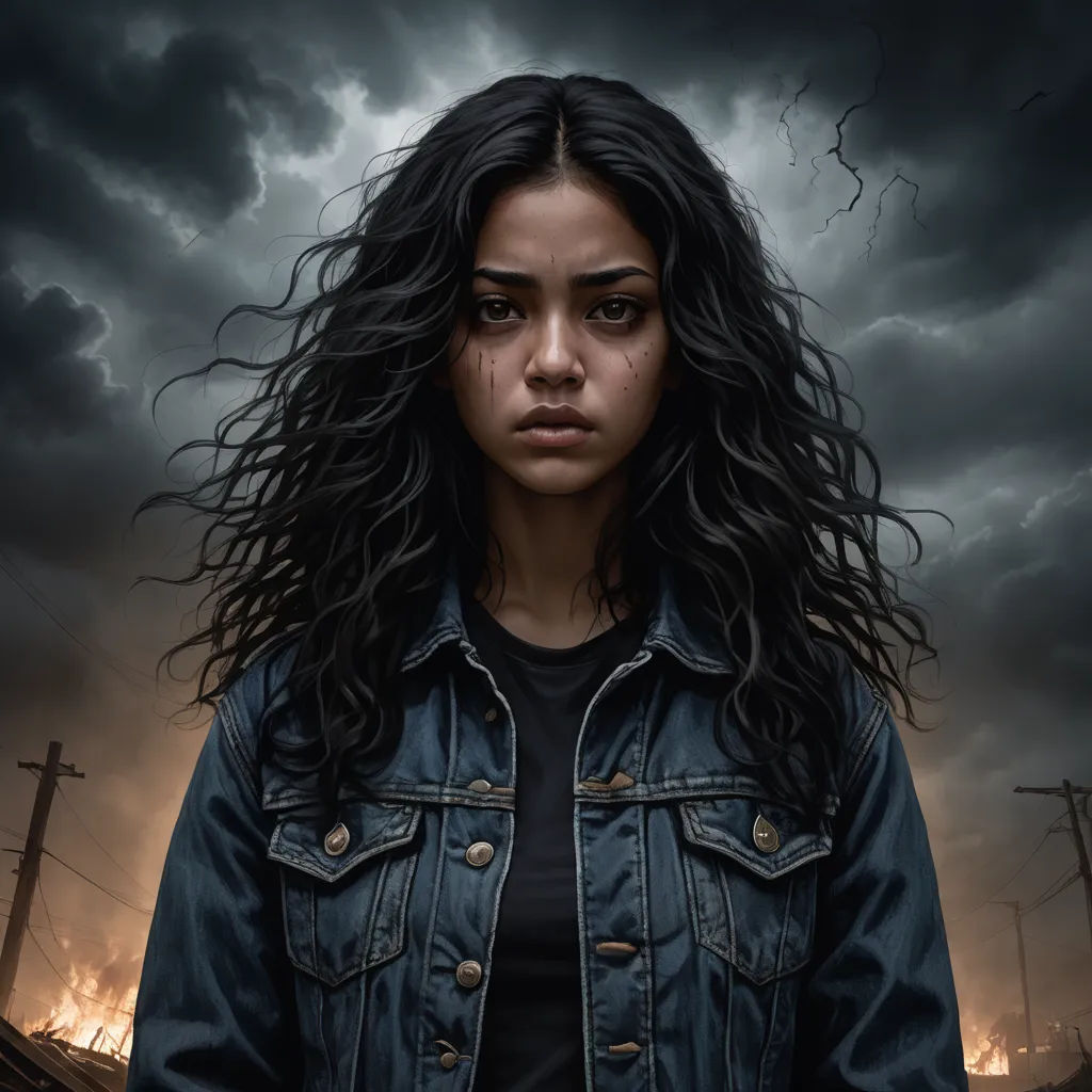 a woman with long hair standing in front of a dark sky with clouds and lightnings behind her,, sots art, a character portrait, Dirk Crabeth, comic cover art