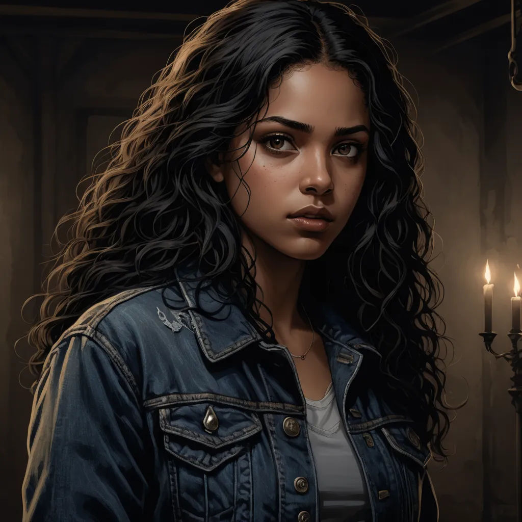 a painting of a woman with long hair and a denim jacket on, standing in a dark room with candles, fantasy art, a character portrait, Charlie Bowater, fantasy character portrait