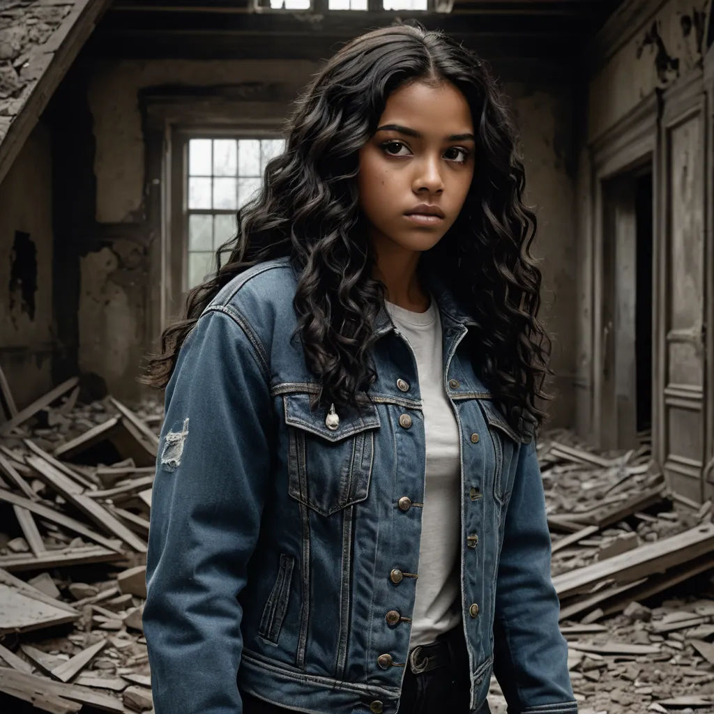 a woman standing in a room with a broken ceiling and a broken window in the background, wearing a denim jacket and jeans, symbolism, a character portrait, Araceli Gilbert, promotional image