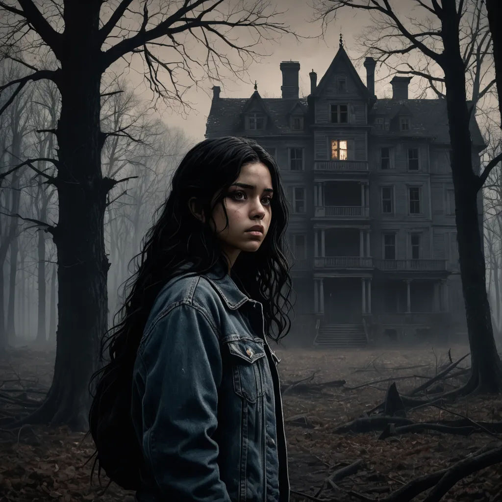 a woman standing in front of a creepy house in the woods with a creepy face on her face and a creepy looking house in the background, international gothic, poster art, Dirk Crabeth, promotional image