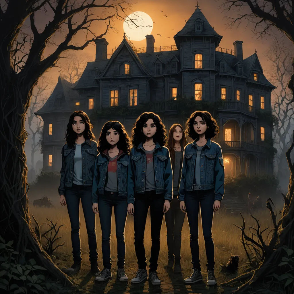 a group of girls standing in front of a creepy house at night with the moon in the background and a full moon in the sky, sots art, poster art, Dirk Crabeth, key art