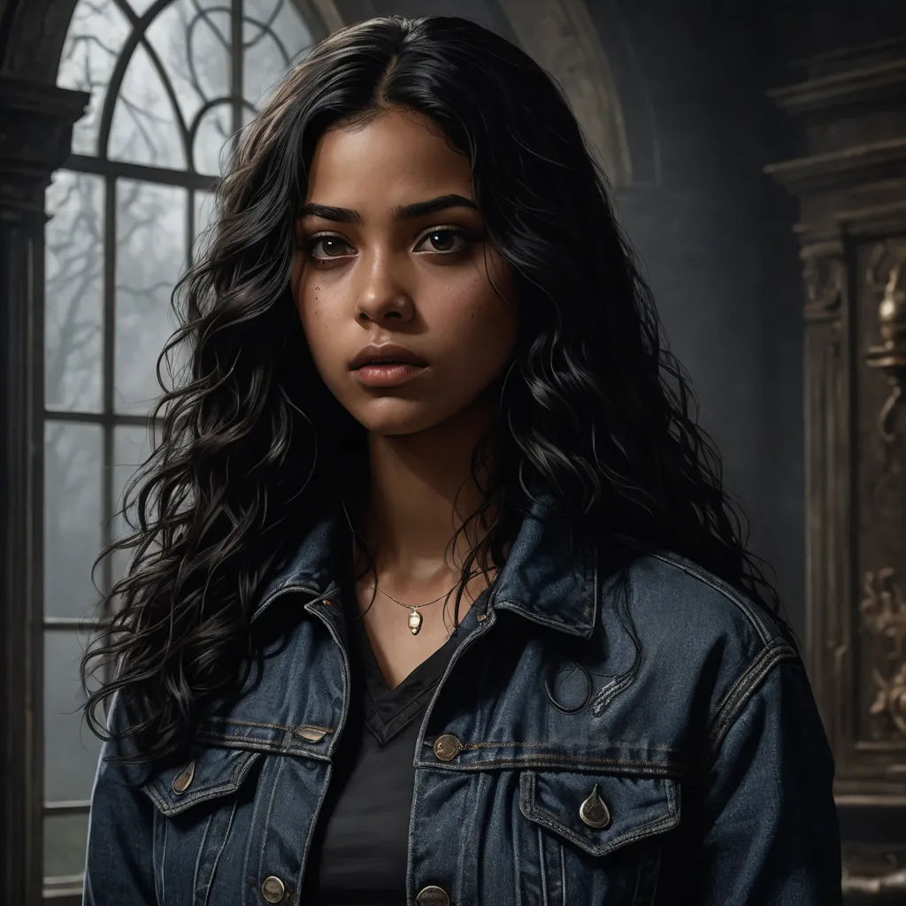 a woman with long hair and a denim jacket standing in front of a window with a clock on it, sots art, a character portrait, Constance Gordon-Cumming, key art