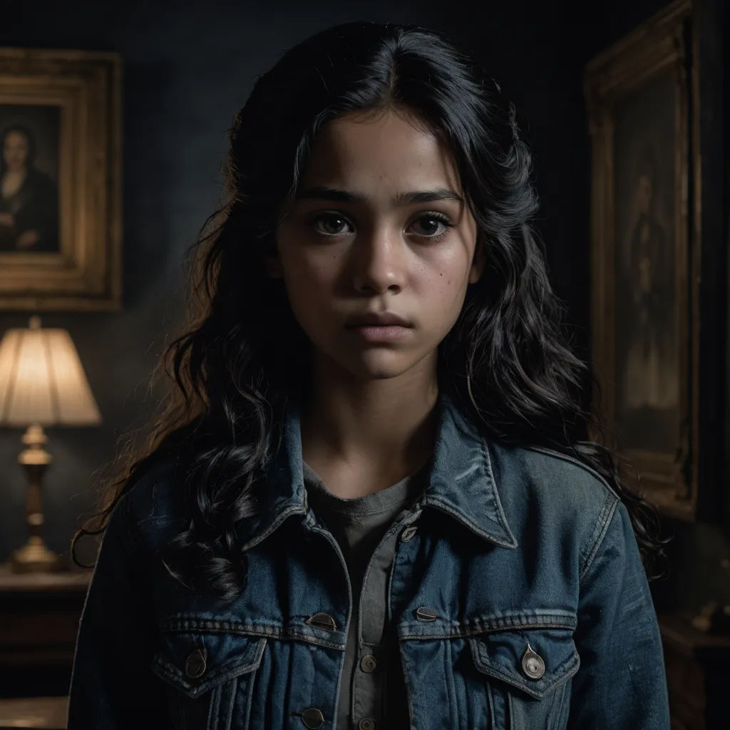 a young girl in a denim jacket standing in a dark room with a painting on the wall behind her, symbolism, poster art, Araceli Gilbert, promotional image