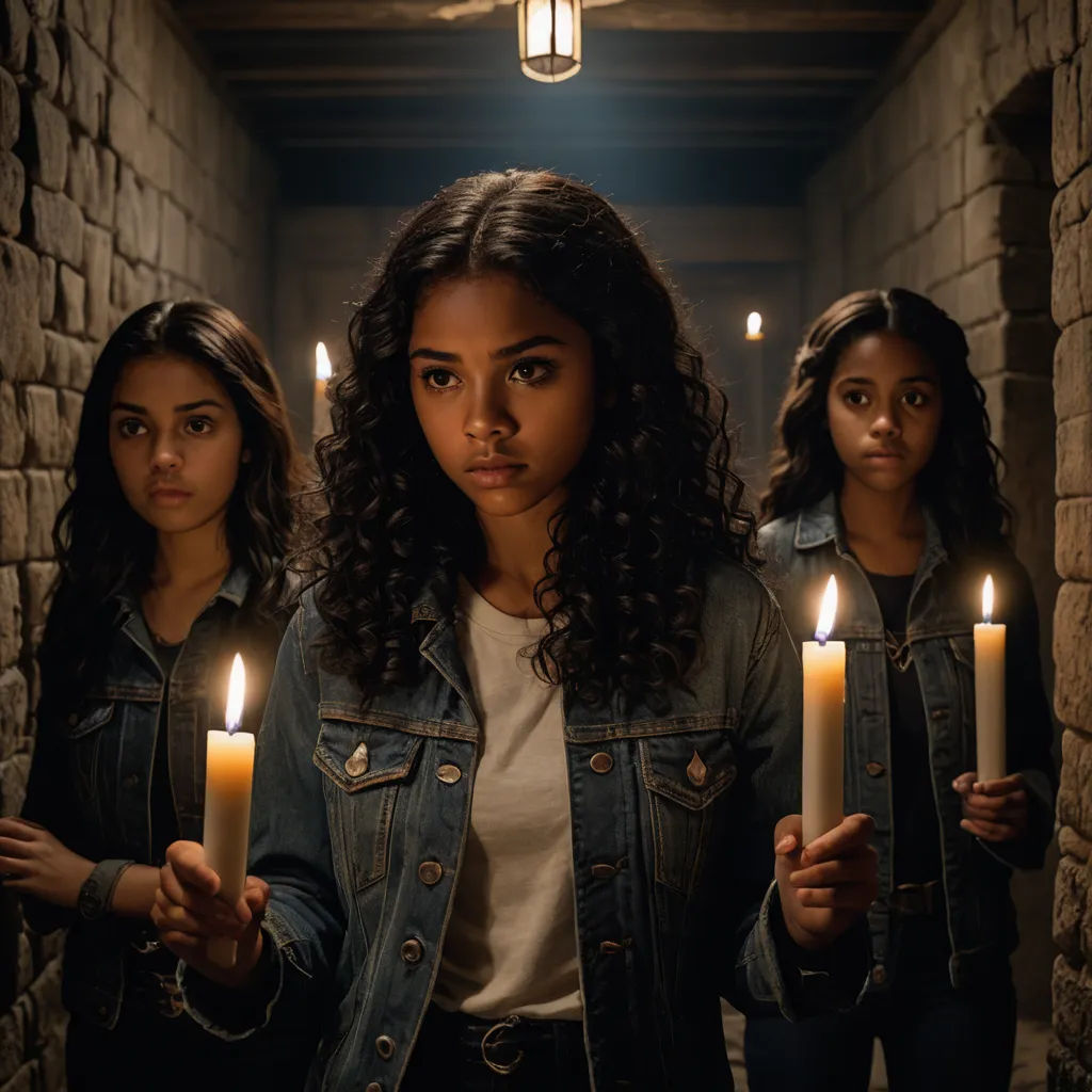 a woman holding candles in her hands in a hallway with two other women standing behind her and looking at the camera, symbolism, poster art, Betye Saar, promotional image