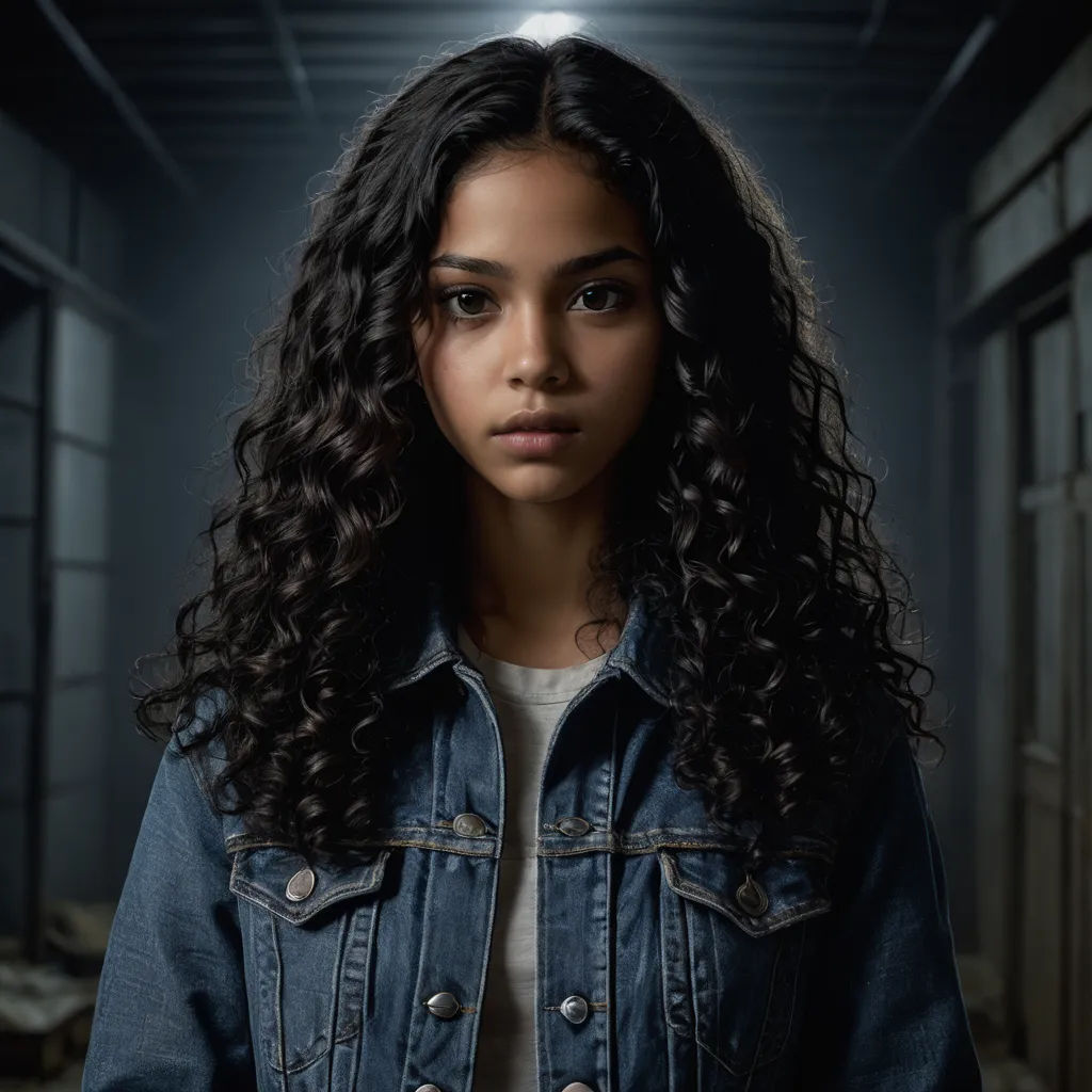 a woman with long curly hair standing in a dark room with a light on her head and a denim jacket on, symbolism, a character portrait, Araceli Gilbert, promotional image