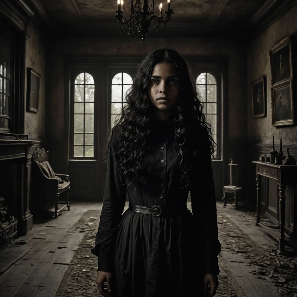 a woman in a dark room with a chandelier hanging from the ceiling and a fireplace in the corner, gothic art, a character portrait, Araceli Gilbert, promotional image