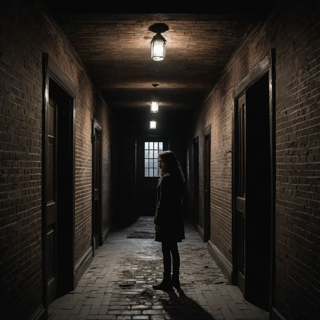 a woman standing in a dark hallway with a light on above her head and a door open to another room, figuration libre, a character portrait, Dirk Crabeth, cinematic photography
