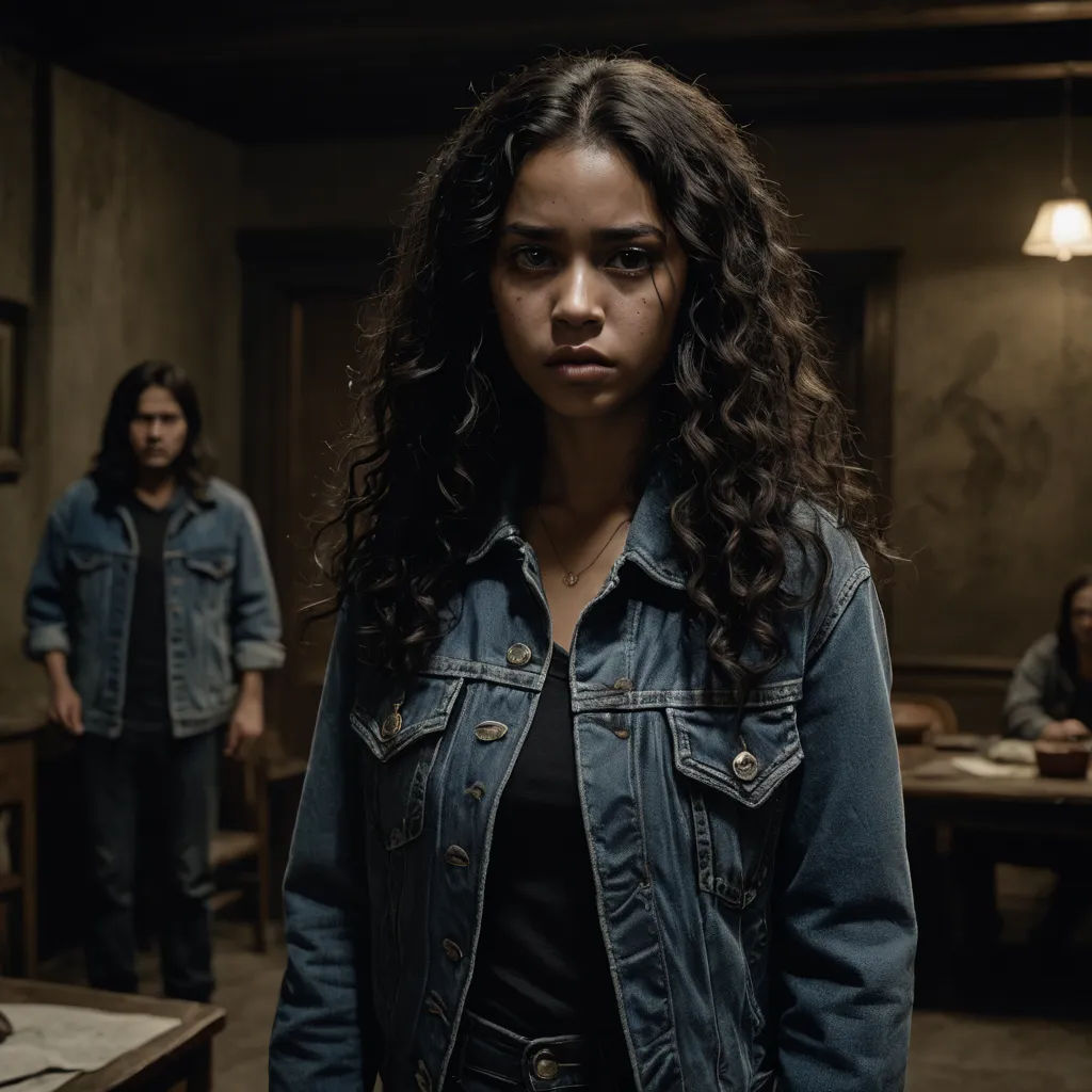 a woman standing in a room with other people in the background and a man standing in the background in a dark room, symbolism, a poster, Ada Gladys Killins, promotional image