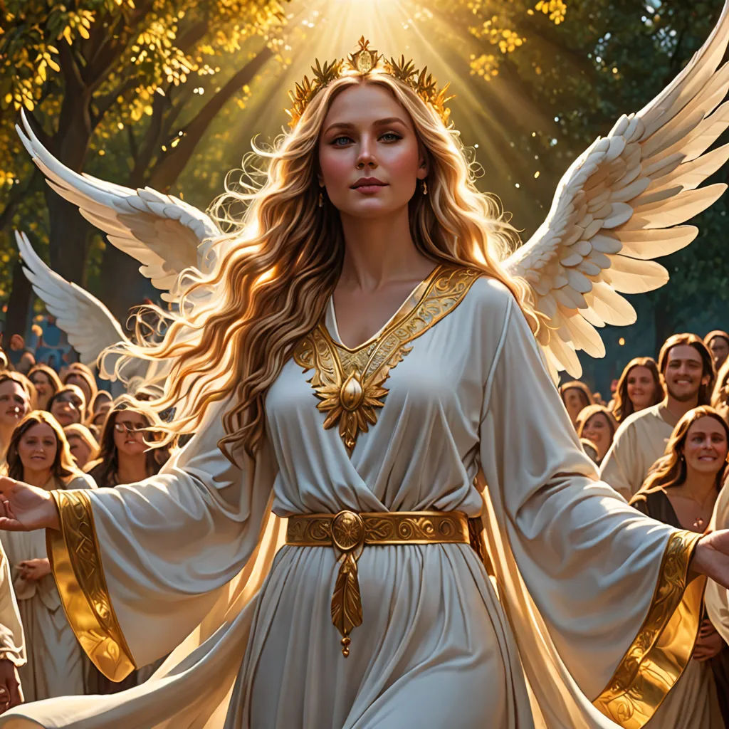 a woman dressed in white with angel wings and a halo around her head, surrounded by other people, in a forest, fantasy art, a detailed painting, Christophe Vacher, angelic