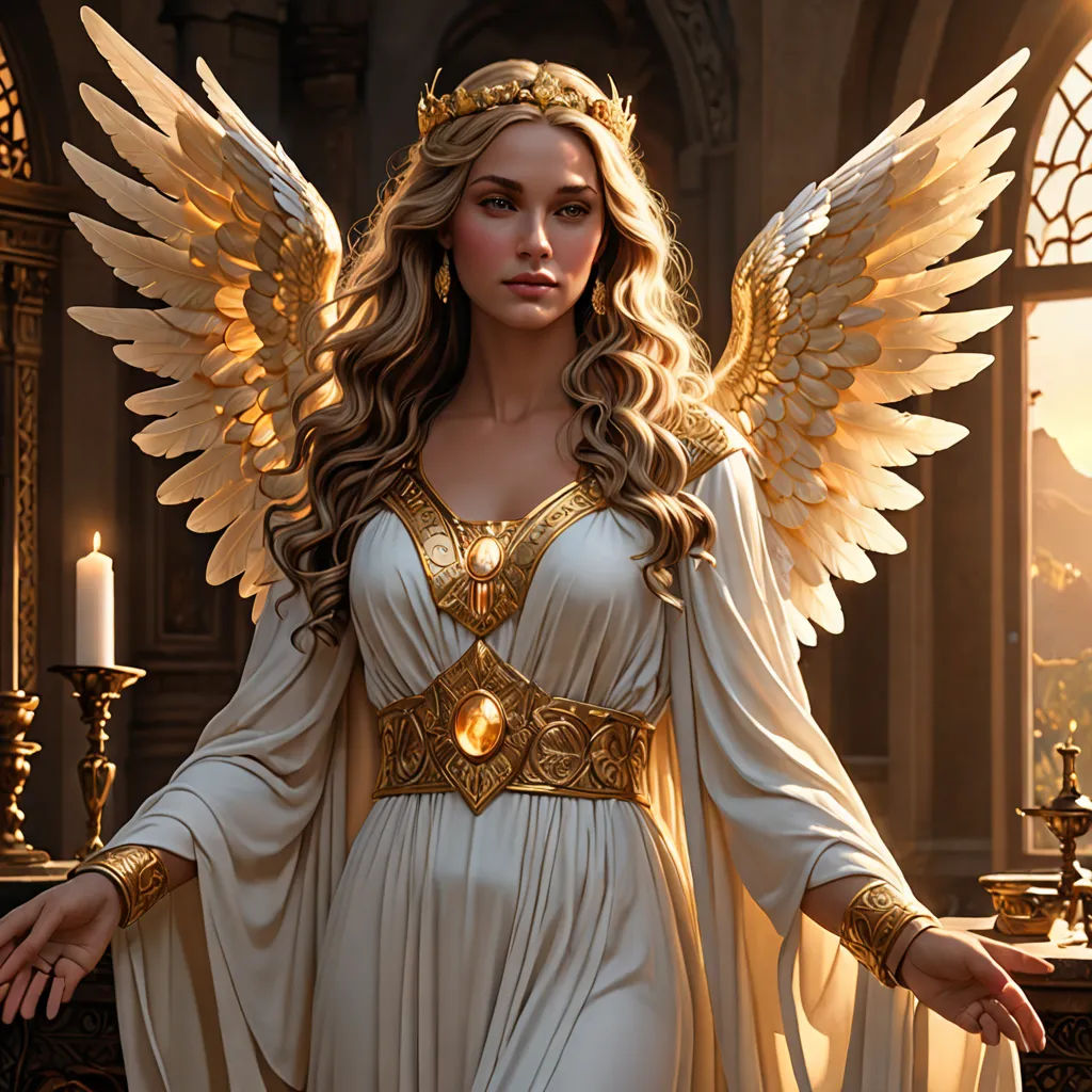 a woman dressed in a white dress with gold accents and wings standing in front of a window with a candle, fantasy art, a detailed painting, Clint Cearley, magic the gathering artwork