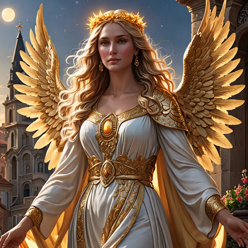 a woman dressed in a white dress with gold wings and a crown on her head and a clock tower in the background, fantasy art, a detailed painting, Anne Stokes, magic the gathering artwork