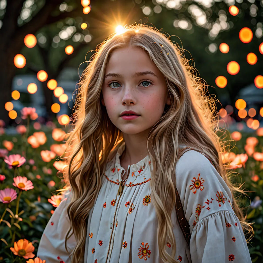 a young girl standing in a field of flowers with a bright light in the background of the photo and a string of lights in the sky, art photography, a picture, Brigette Barrager, sunset lighting