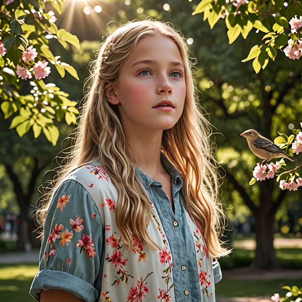 a girl standing in front of a tree with a bird on it's shoulder and a bird on her shoulder, aestheticism, a character portrait, Elinor Proby Adams, promotional image