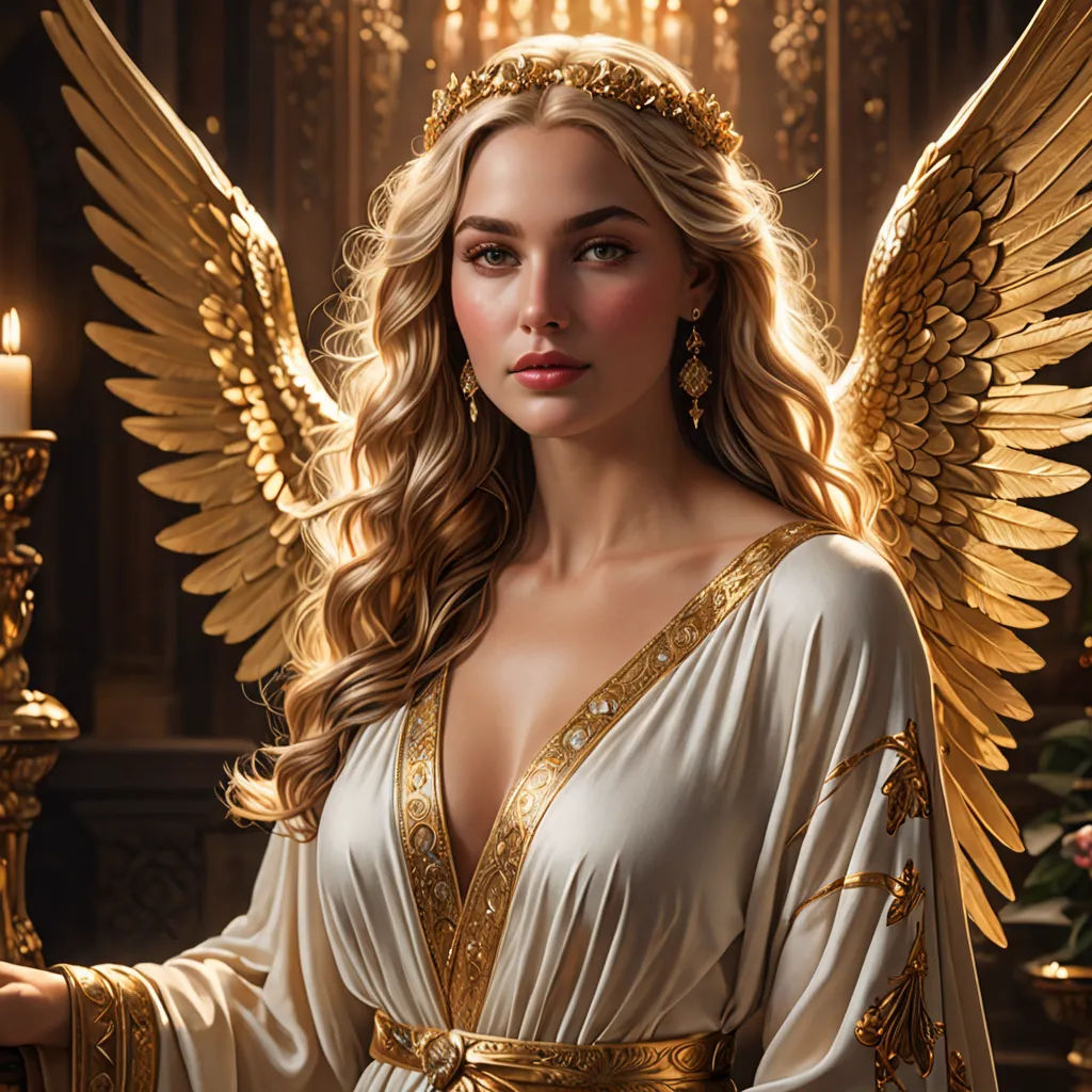 a woman dressed in a white and gold costume with angel wings and a candle in her hand, in a dark room, fantasy art, a fine art painting, Anne Stokes, highly detailed digital painting