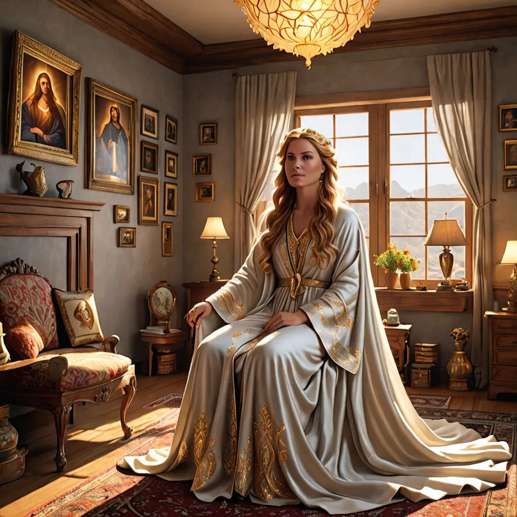 a woman in a white dress sitting in a room with a chandelier and paintings on the wall, renaissance, a photorealistic painting, David LaChapelle, promotional image