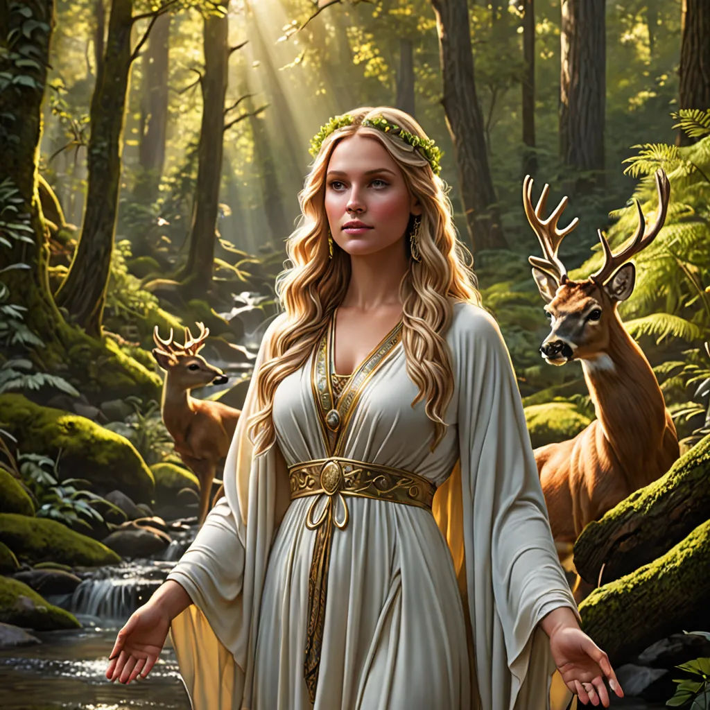 a woman in a white dress standing in a forest with deer behind her and a deer behind her, with a sunbeam in the background, fantasy art, a detailed matte painting, Anne Stokes, leesha hannigan