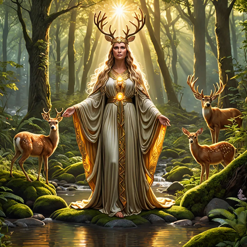 a woman with deer in a forest with a light shining on her face and two deer in the foreground, fantasy art, a digital rendering, Anne Stokes, fantasy artwork