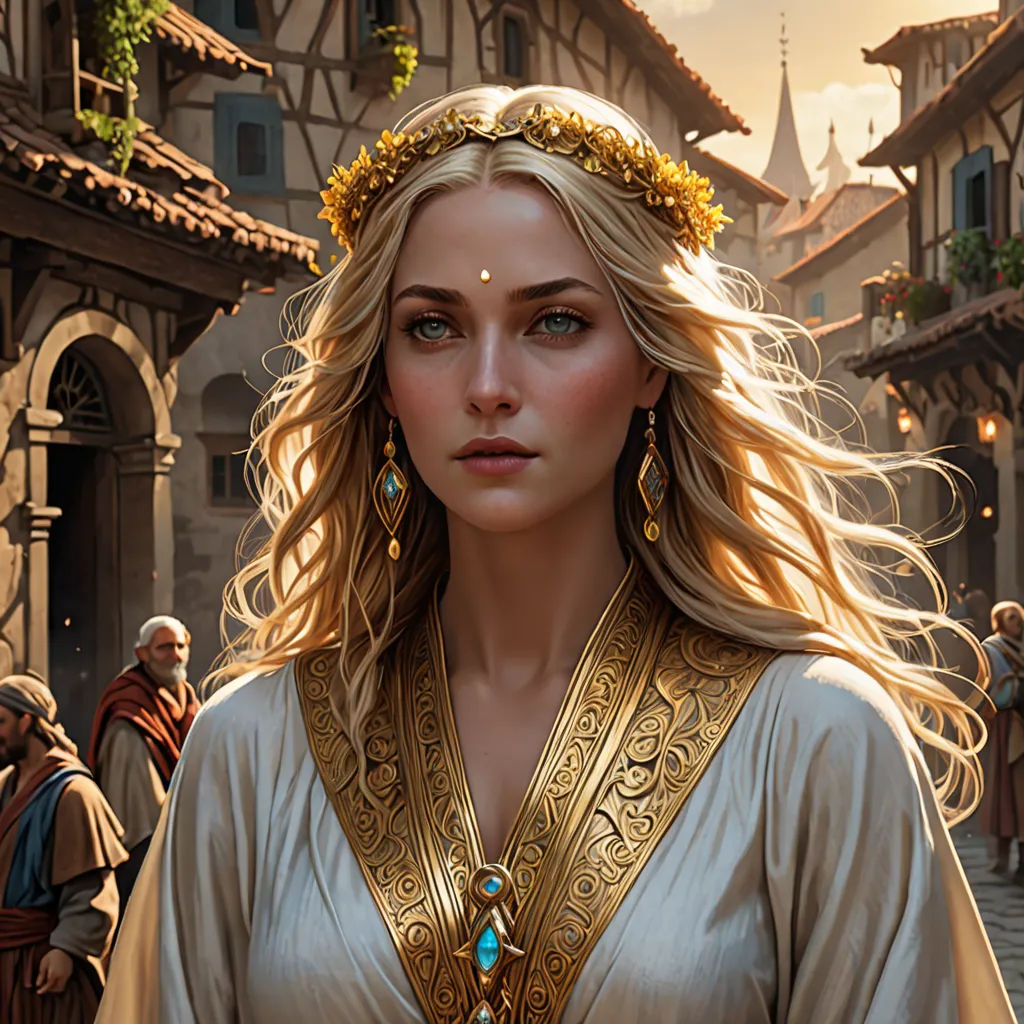 a woman in a white dress and a crown on her head in a city street with a crowd of people, fantasy art, a detailed painting, Clint Cearley, trending on artstation hq