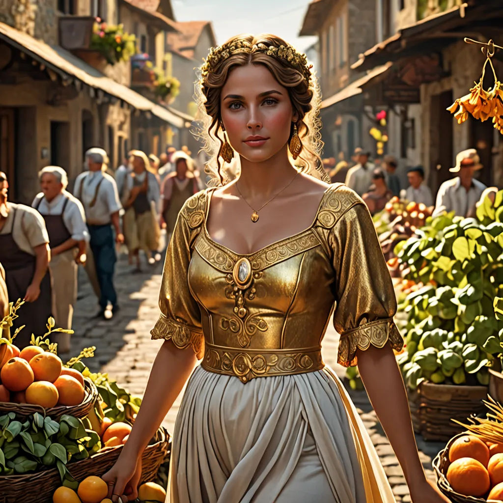 a woman in a dress standing in a market with oranges in baskets and people walking around her in the background, renaissance, a detailed matte painting, Avgust Černigoj, 8k artistic photography