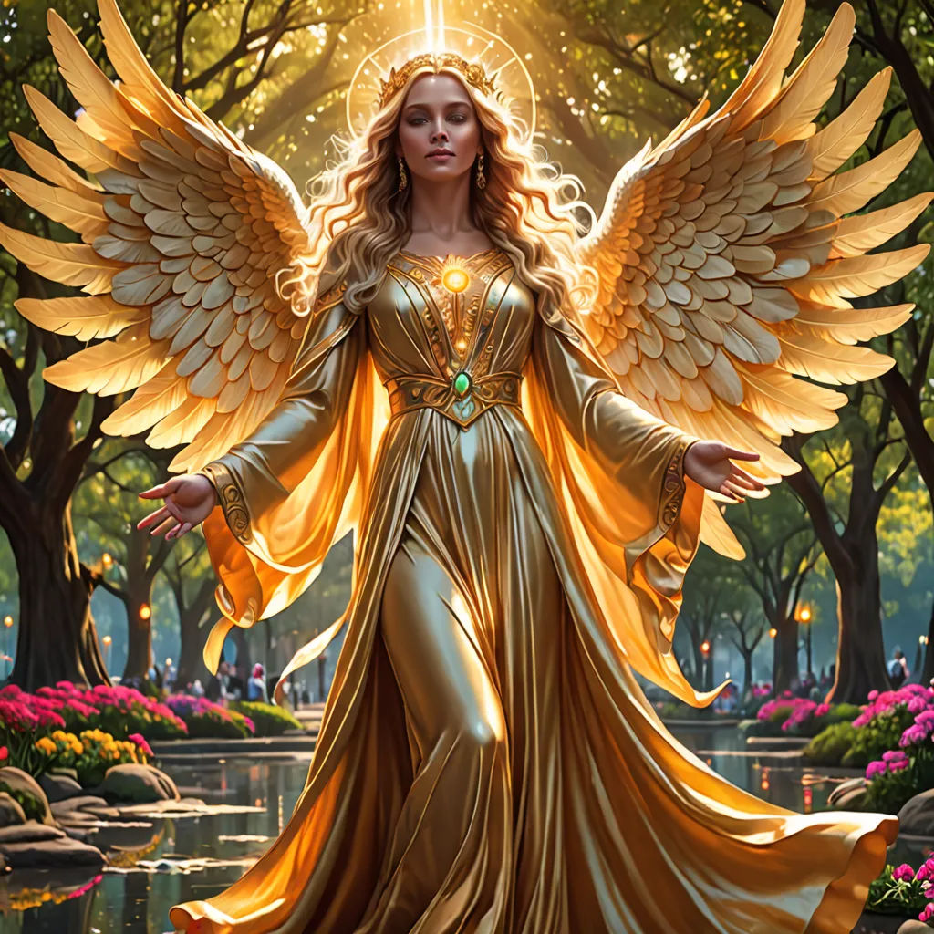 a woman in a golden dress with angel wings and a halo around her head, standing in a park, fantasy art, a digital rendering, Anne Stokes, fantasy artwork