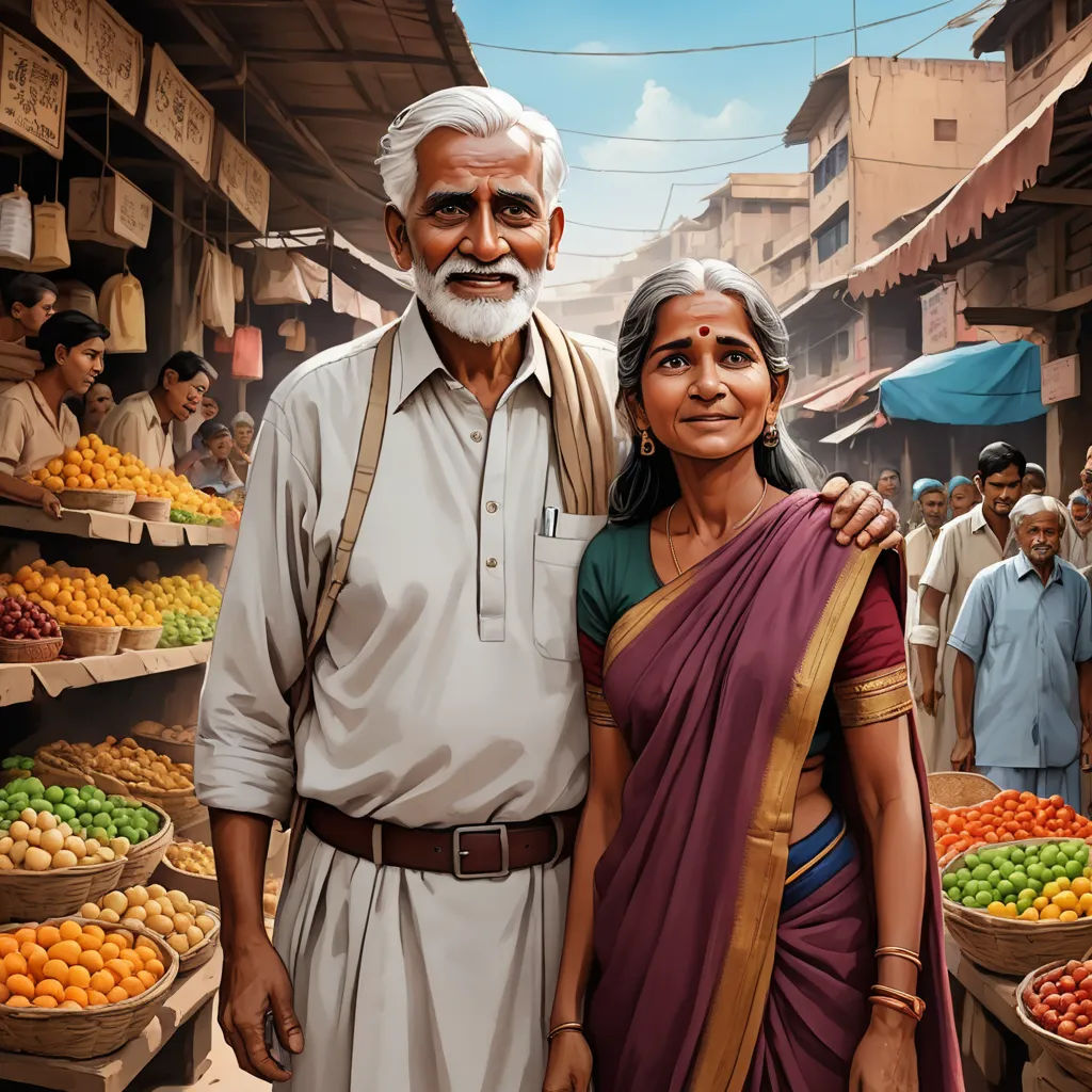 a painting of a man and woman standing in front of a fruit stand with a large amount of fruit, samikshavad, a storybook illustration, Bapu, highly detailed digital painting