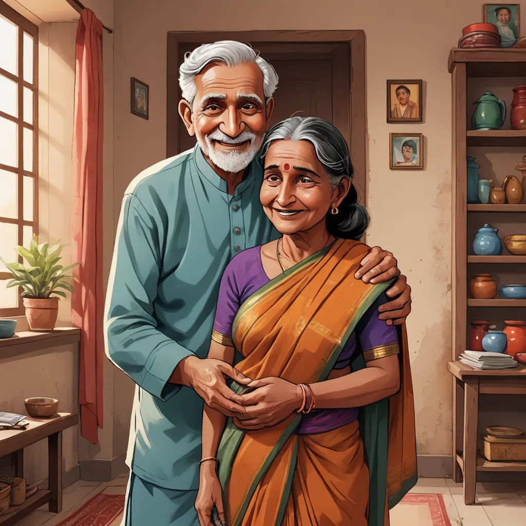 a man and woman are standing together in a room with a painting of them on the wall behind them, samikshavad, a storybook illustration, Ella Guru, highly detailed digital painting