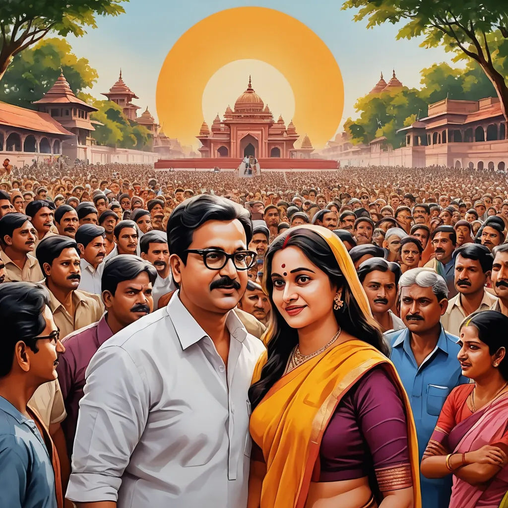 a man and woman standing in front of a crowd of people in india, with a temple in the background, sots art, poster art, Ella Guru, promotional image