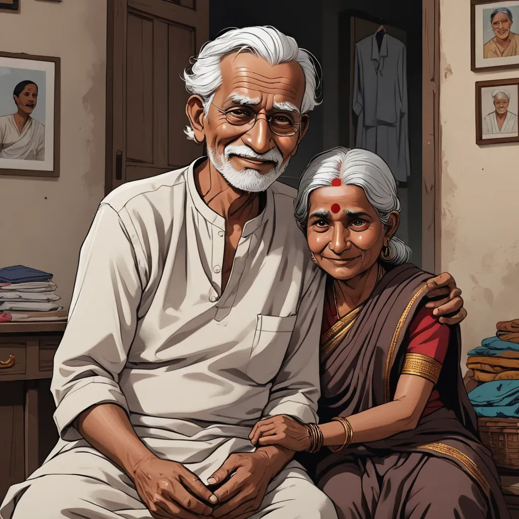 a painting of an old man and woman sitting together in a room with pictures on the wall and a door, photorealism, a storybook illustration, Bapu, highly detailed digital painting