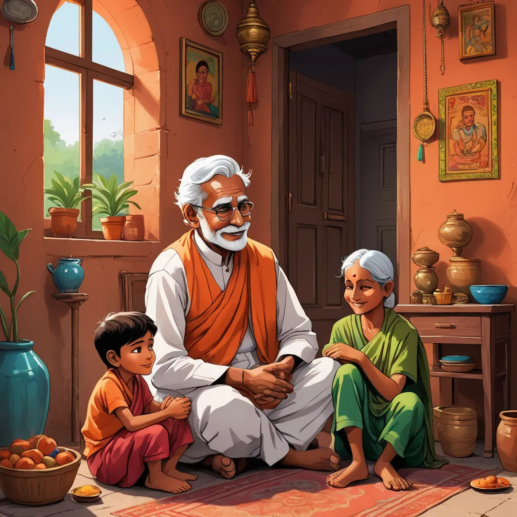 a painting of a man sitting on the floor with two children and a man with a white beard and a white beard, samikshavad, a storybook illustration, Bapu, storybook illustration