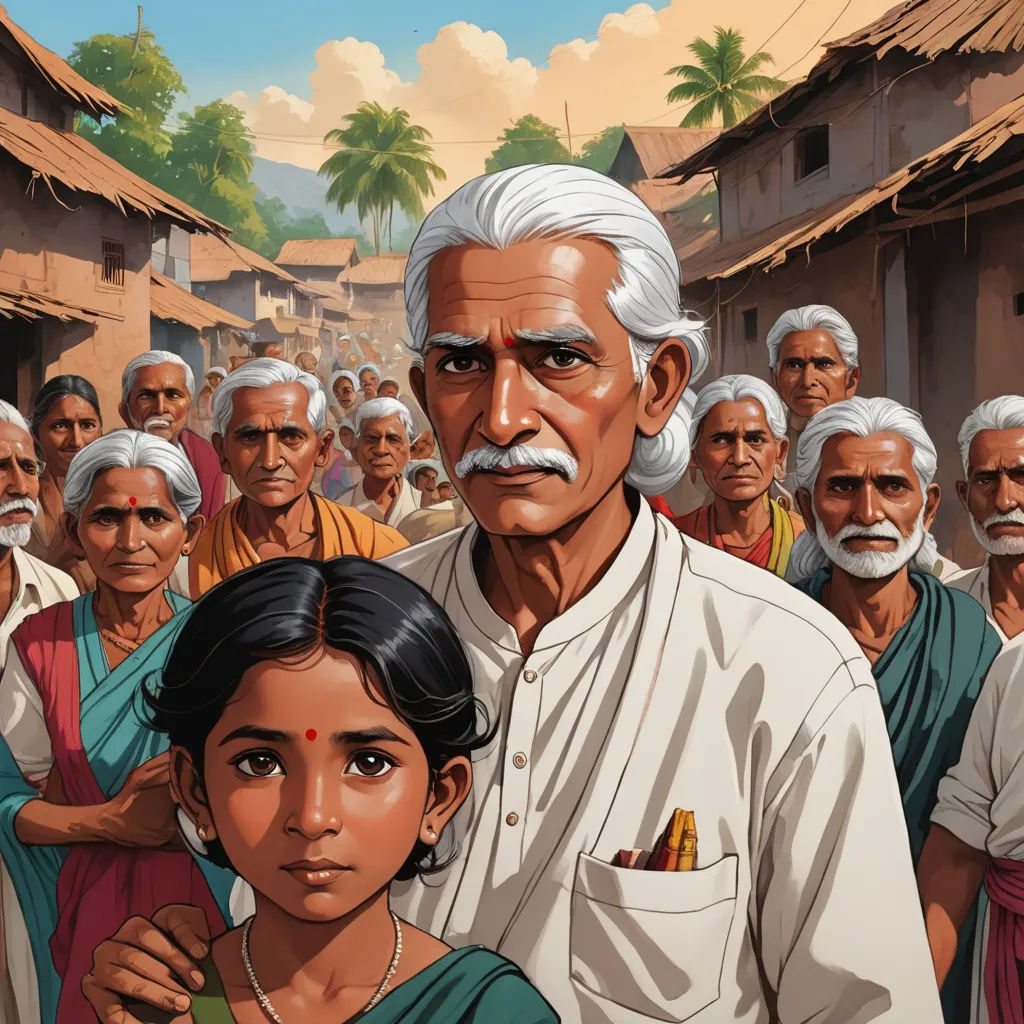 a painting of a man and a girl standing in front of a crowd of people with white hair and mustaches, socialist realism, a storybook illustration, Bhupen Khakhar, graphic novel