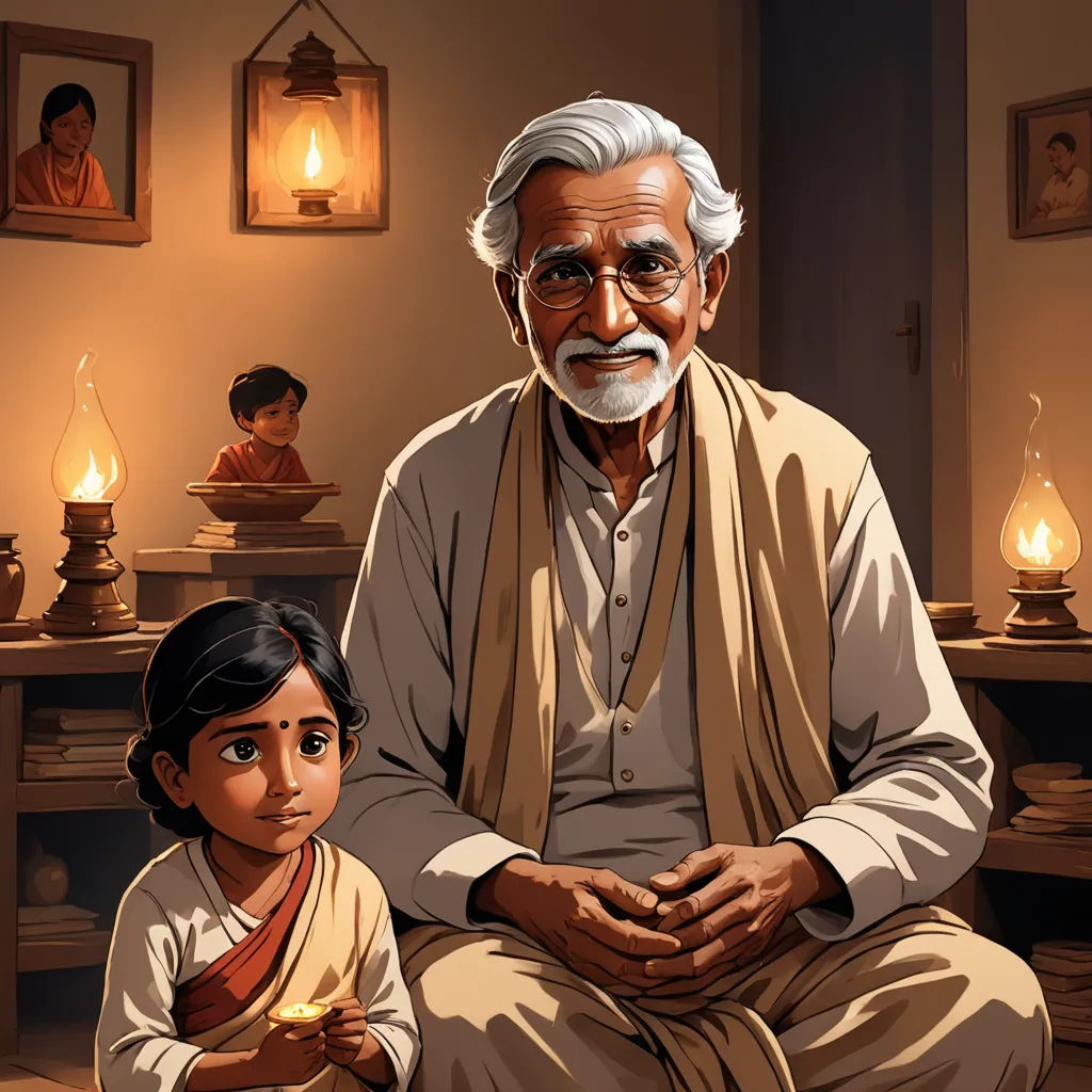 a painting of a man and a child sitting in a room with candles on the walls and a man with a beard, samikshavad, a storybook illustration, Bapu, storybook illustration
