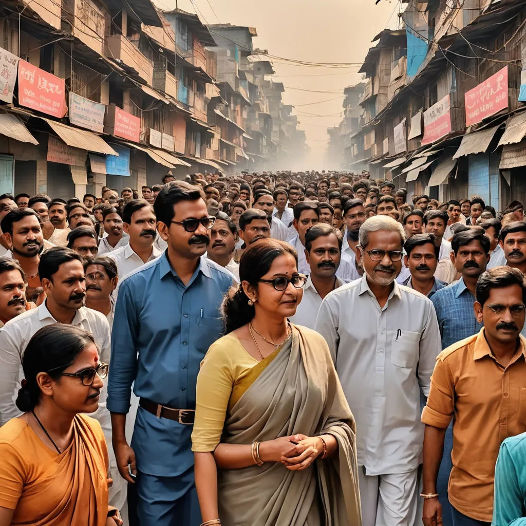 a crowd of people standing in a street next to a building with a sky background and a woman in a sari, samikshavad, a photo, Bholekar Srihari, movie still frame