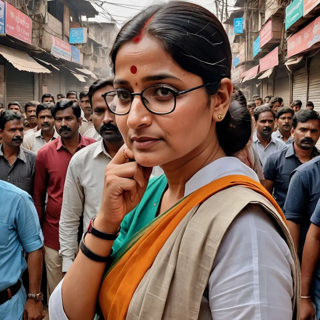 a woman in a sari and glasses standing in front of a crowd of people in india, looking at the camera, samikshavad, a character portrait, Ella Guru, movie still