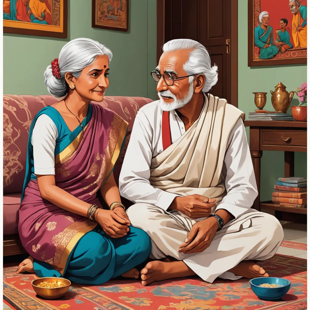 a painting of an old man and woman sitting on a couch together, with a bowl of food in front of them, bengal school of art, a storybook illustration, Bholekar Srihari, highly detailed digital painting