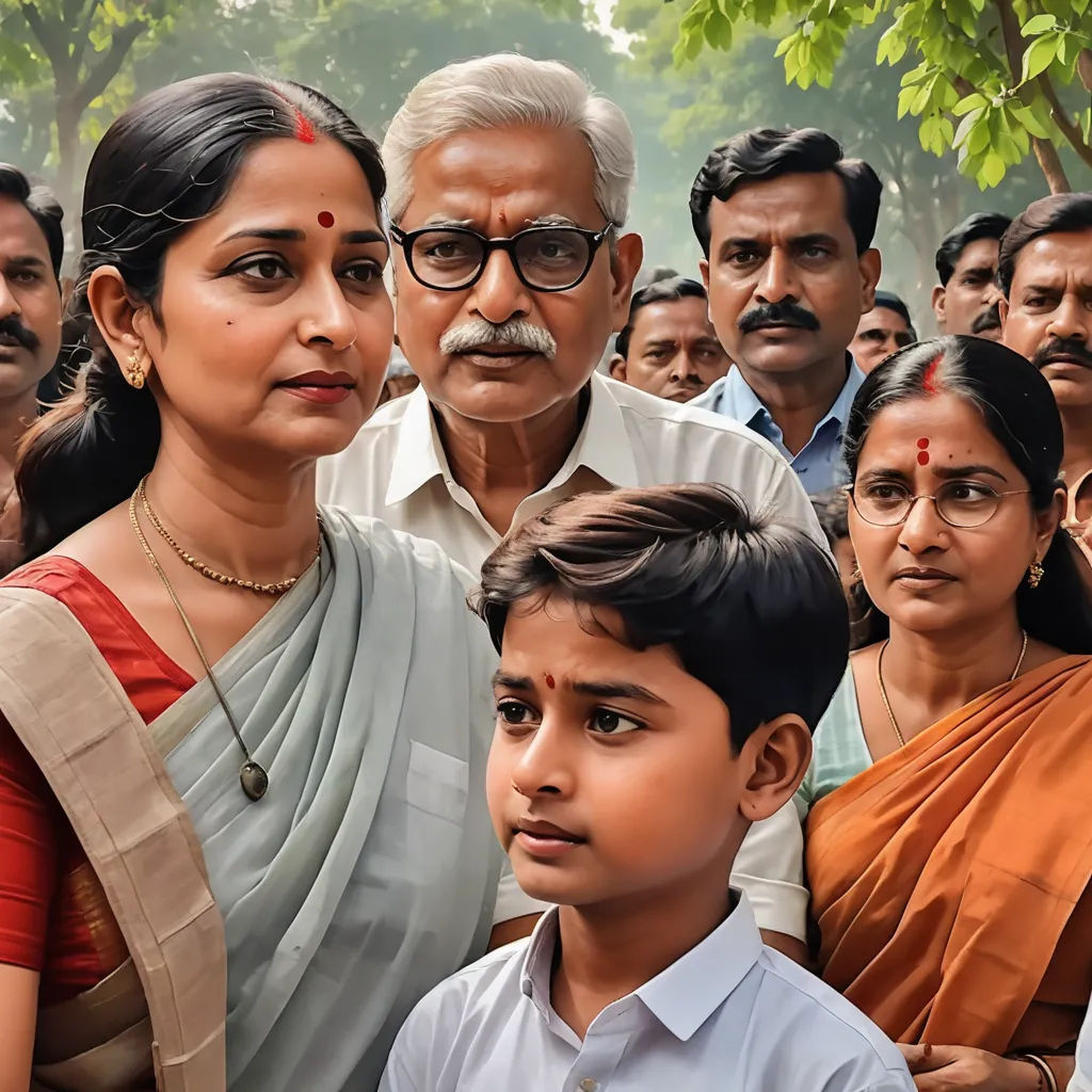 a group of people standing next to each other in front of a tree and a building with a flag on it, samikshavad, a photocopy, Bhupen Khakhar, movie still