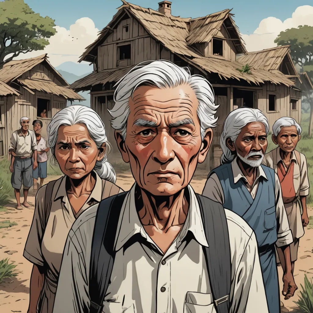 a group of people standing in front of a house with a man in the middle of the picture looking at the camera, primitivism, a comic book panel, Dustin Nguyen, graphic novel