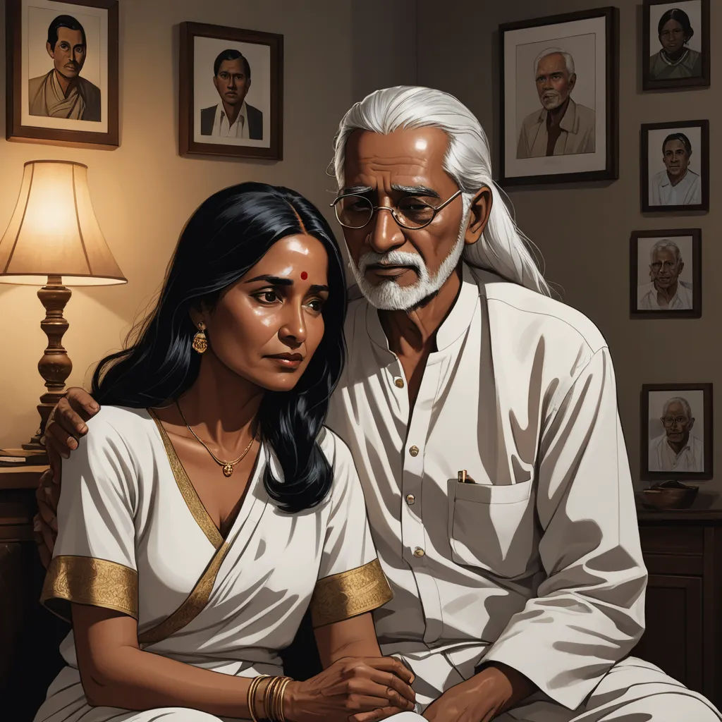 a painting of a man and woman sitting next to each other in a living room with portraits on the wall, serial art, a storybook illustration, Bhupen Khakhar, graphic novel