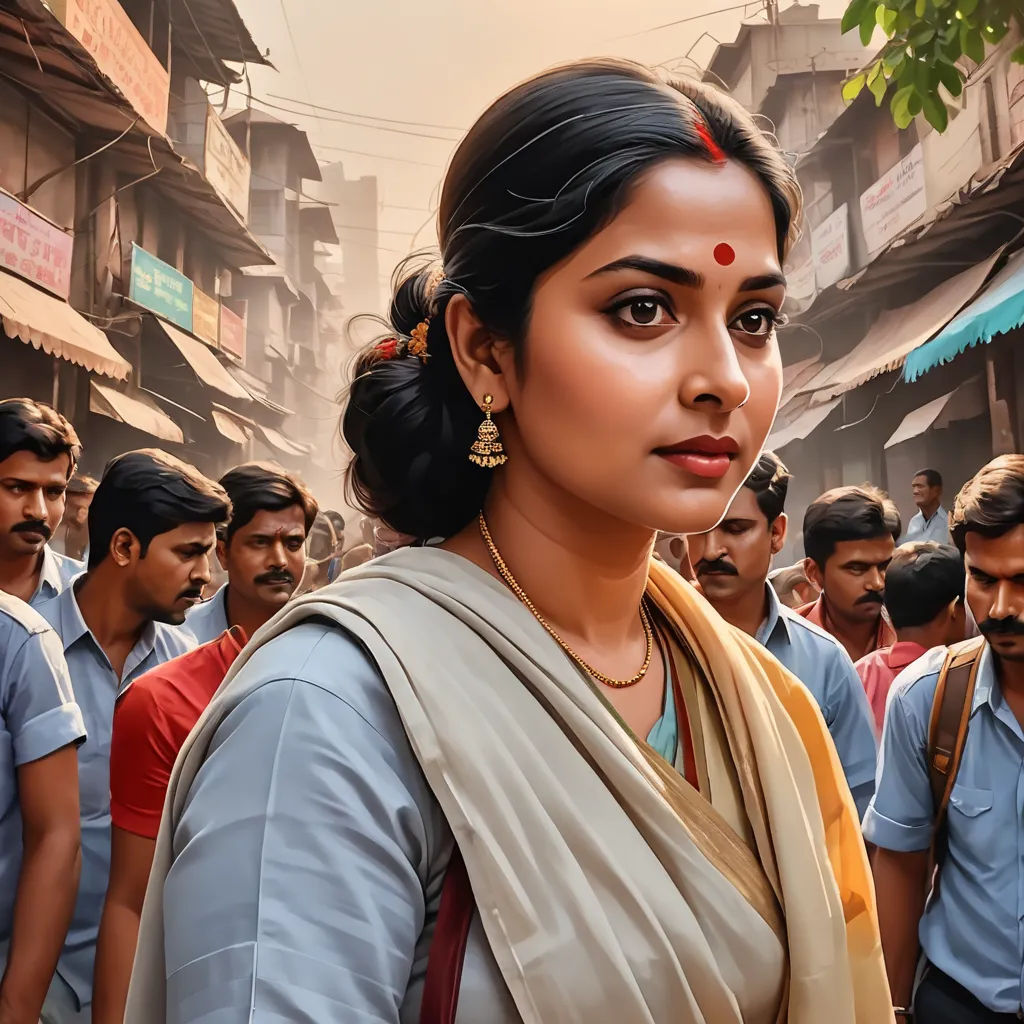 a woman in a sari standing in front of a crowd of people in india, with a man in the background, bengal school of art, a detailed matte painting, Ella Guru, oil on canvas. cinematic