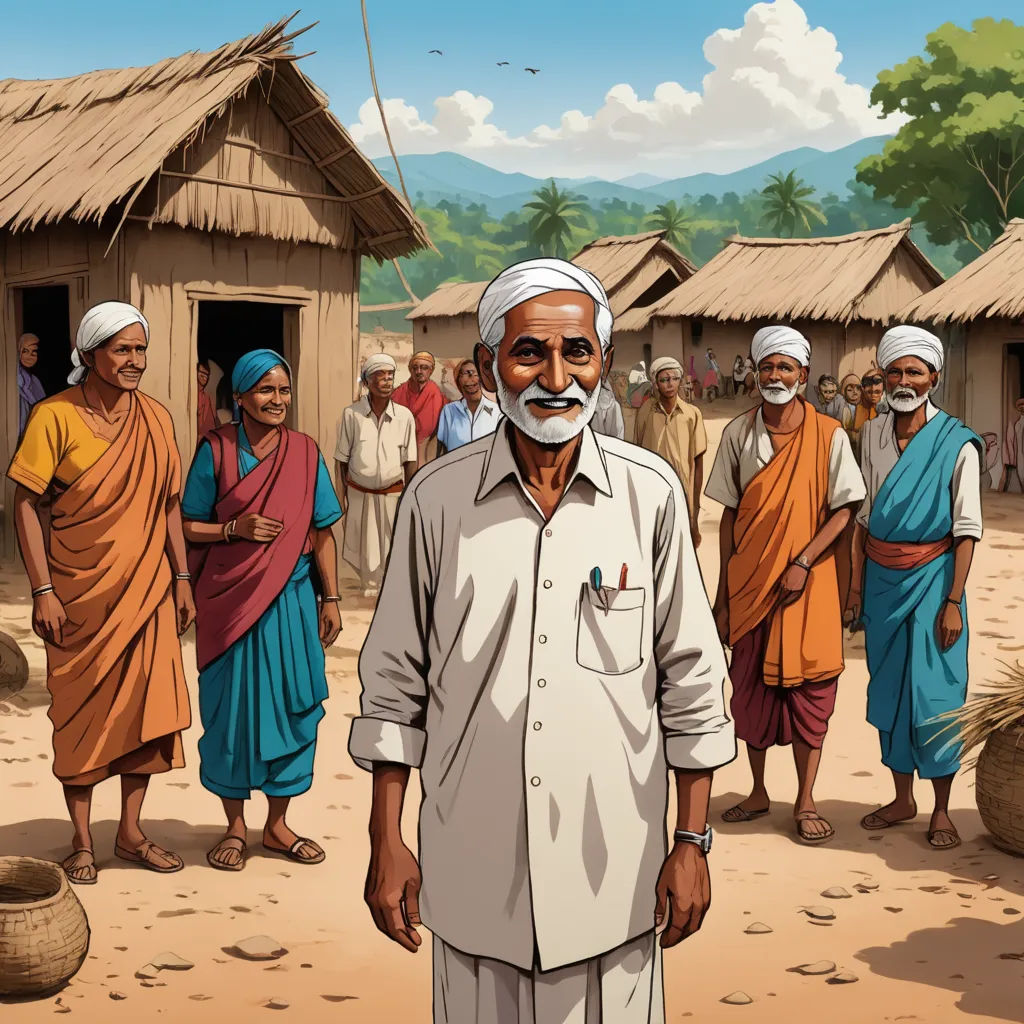 a man standing in front of a group of people in a village with huts on the side of the road, samikshavad, a storybook illustration, Bapu, graphic novel