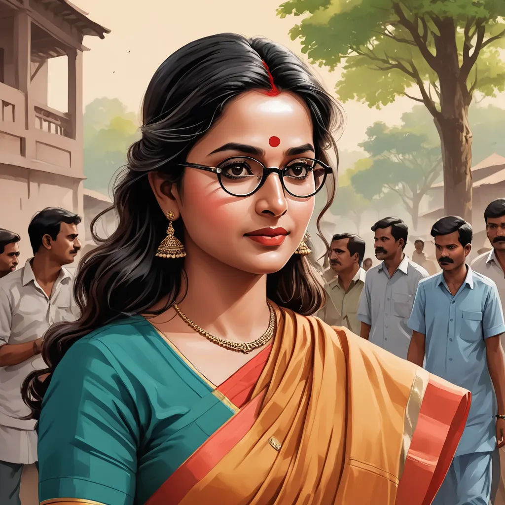 a woman in a sari and glasses standing in front of a crowd of people in india, with a man in the background, bengal school of art, a detailed painting, Ella Guru, graphic novel