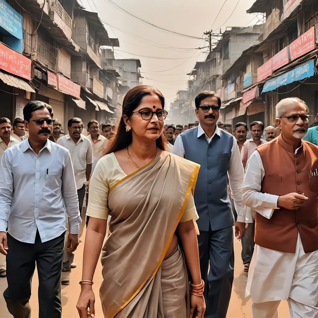 a woman in a sari walking down a street with other people in the background and a man in a blue shirt and white shirt, bengal school of art, a poster, Bholekar Srihari, movie still