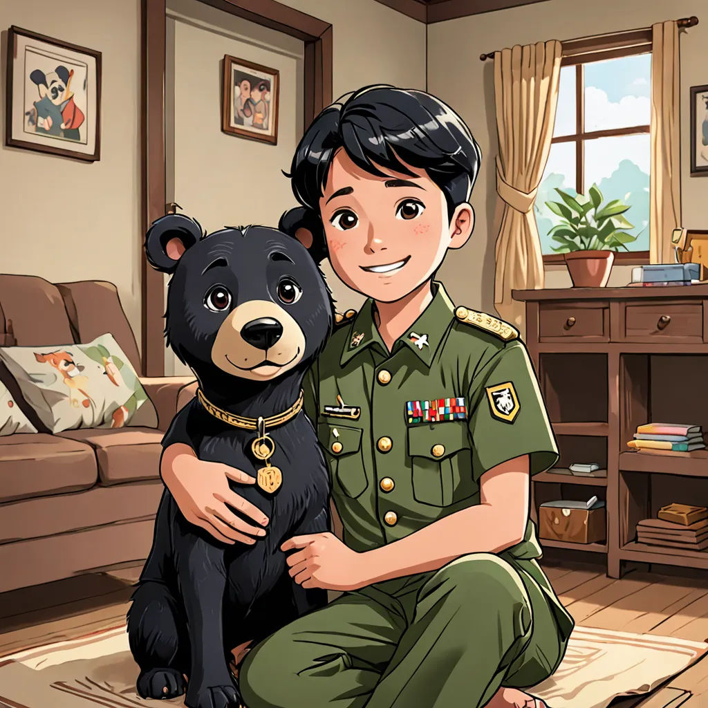 a boy in a military uniform is holding a bear in a living room with a couch and a table, sots art, a character portrait, Byeon Sang-byeok, official art
