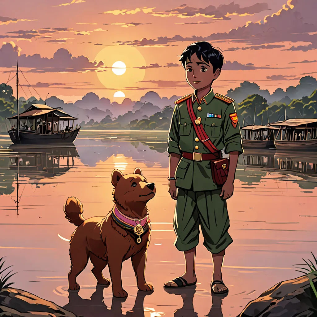 a boy in a military uniform standing next to a dog on a lake at sunset with a boat in the background, sots art, a comic book panel, Chang Dai-chien, official art