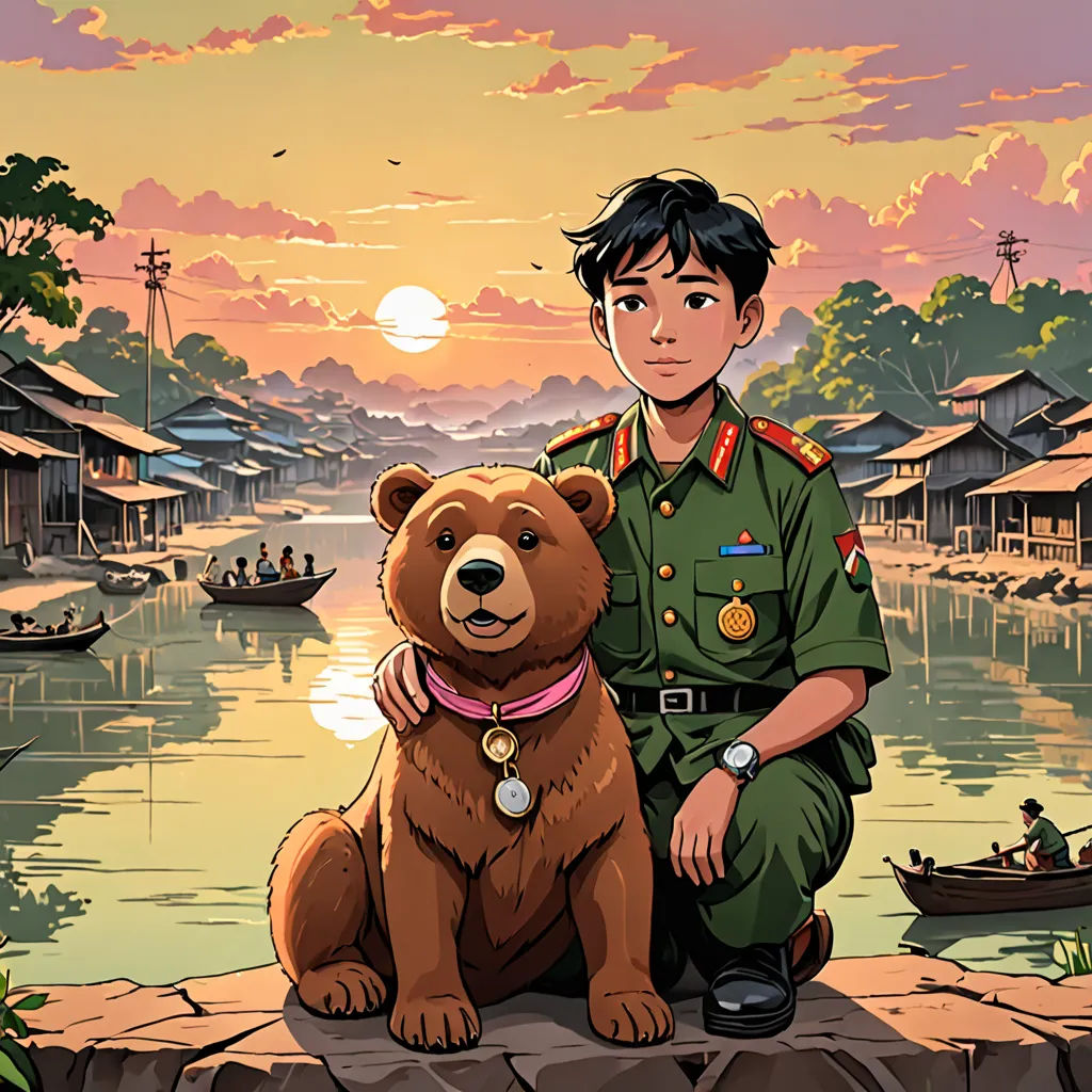 a boy in uniform sitting next to a bear on a rock near a river with boats and houses in the background, serial art, a character portrait, Chang Dai-chien, official art