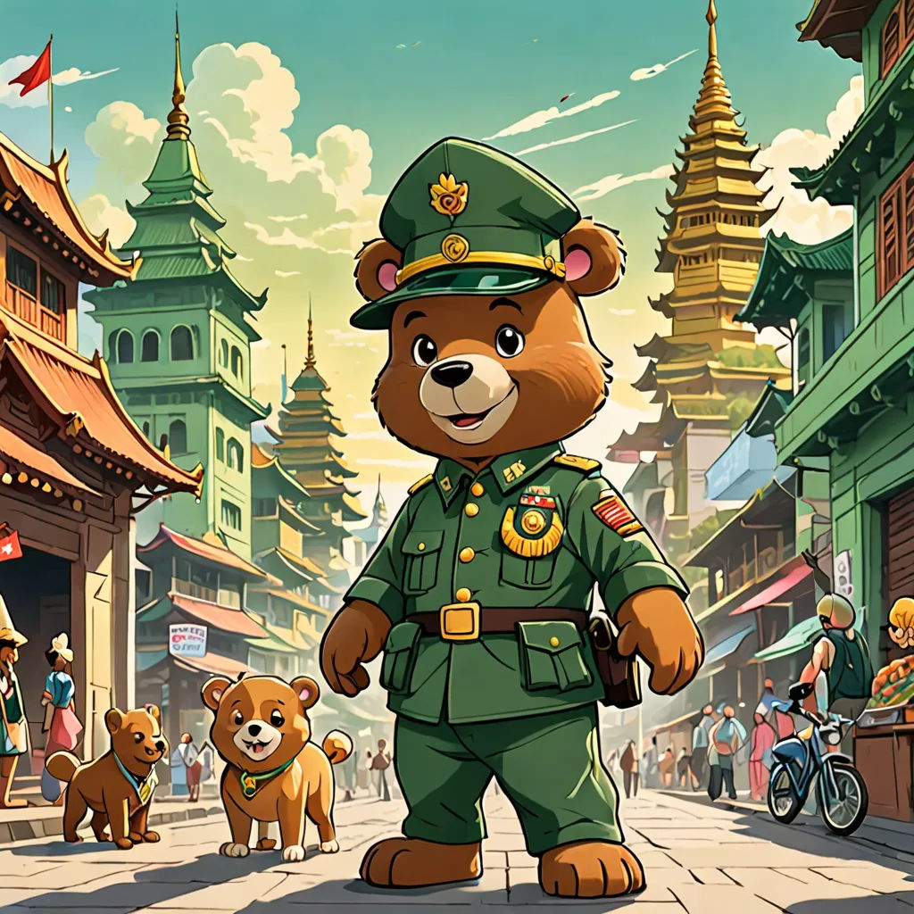 a cartoon bear in a military uniform standing in front of a city street with a dog and a man on a bike, cloisonnism, a character portrait, Cao Buxing, official art
